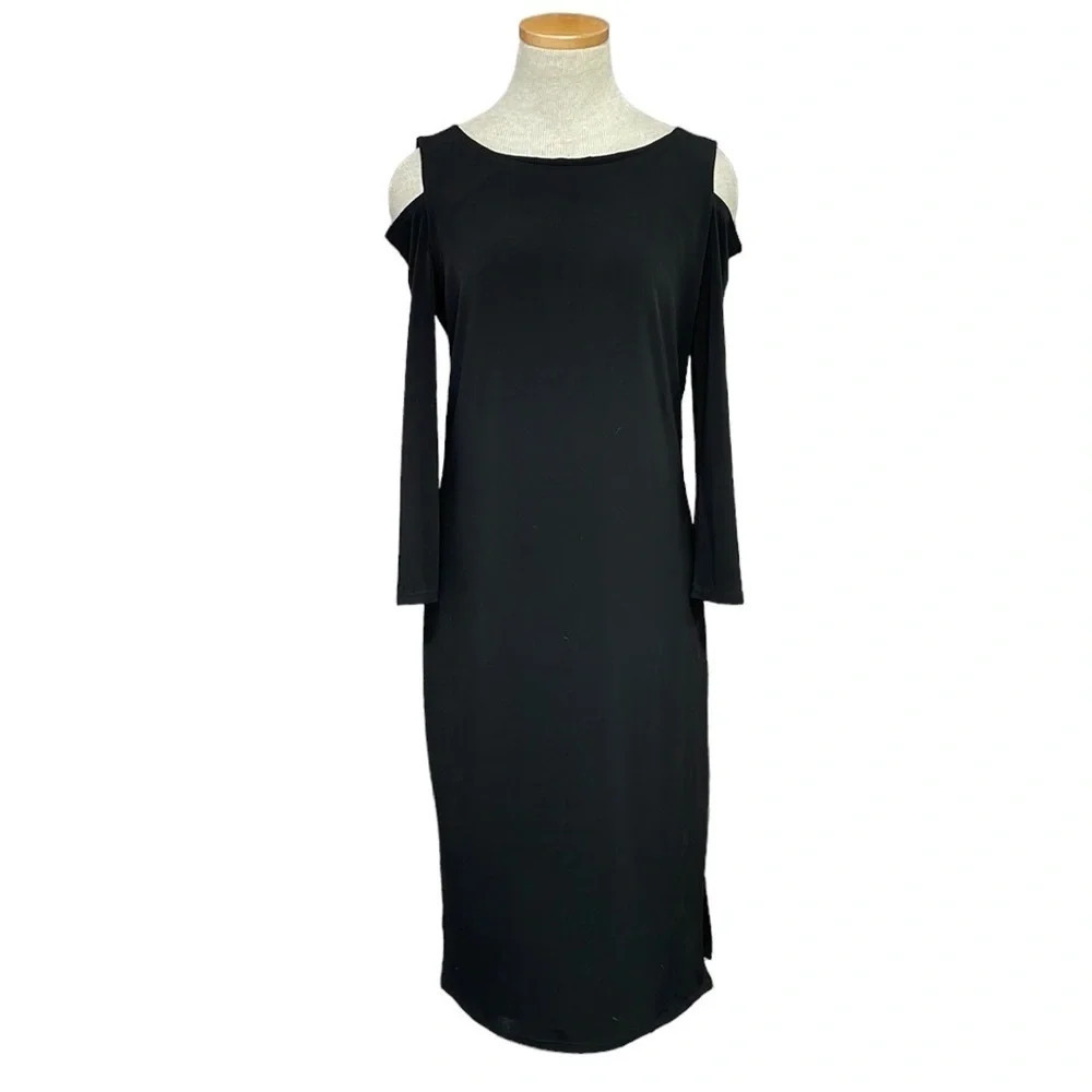 Velvet Dress Bodycon Midi Open Shoulder Long Sleeve Black Size Medium M
